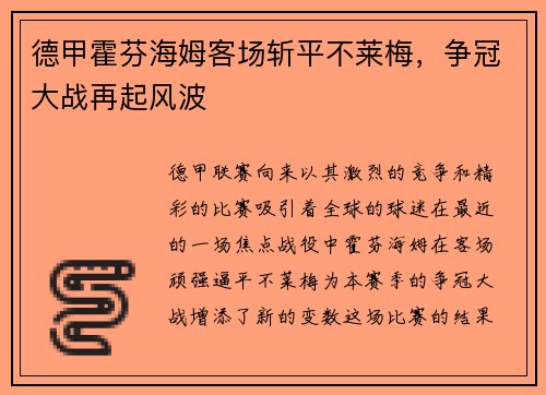 德甲霍芬海姆客场斩平不莱梅，争冠大战再起风波