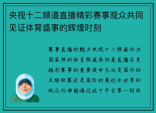 央视十二频道直播精彩赛事观众共同见证体育盛事的辉煌时刻